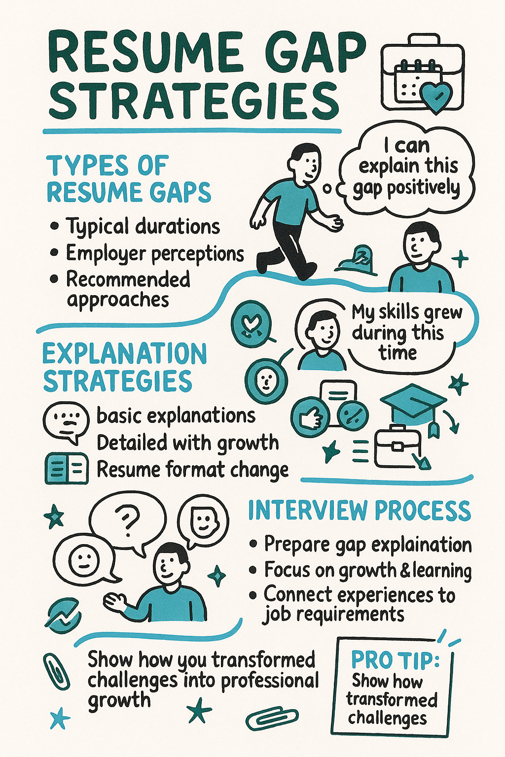 A hand-drawn sketch-style infographic titled 'Resume Gap Strategies' with teal and blue text on a white background. The image is divided into sections covering types of resume gaps, explanation strategies, and interview process tips. It includes cartoon figures with thought bubbles saying 'I can explain this gap positively' and 'My skills grew during this time,' along with icons representing different strategies and a pro tip about transforming challenges into professional growth.