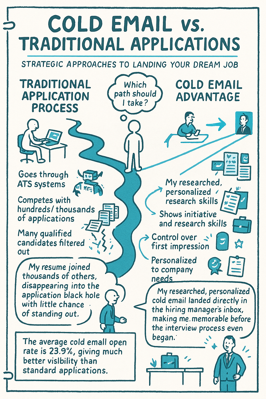 A hand-drawn style infographic titled 'COLD EMAIL VS. TRADITIONAL APPLICATIONS' with the subtitle 'STRATEGIC APPROACHES TO LANDING YOUR DREAM JOB'. The image compares two paths: on the left, the Traditional Application Process (showing a winding river with labels like 'Goes through ATS systems', 'Competes with hundreds/thousands of applications', and 'Many qualified candidates filtered out') and on the right, the Cold Email Advantage (with benefits like 'Direct to hiring manager', 'Shows initiative and research skills', 'Control over first impression', and 'Personalized to company needs'). Speech bubbles show the difference in outcomes, and a statistic at the bottom states 'The average cold email open rate is 23.9%, giving much better visibility than standard applications.' Stick figures illustrate the different journeys job seekers experience with each approach.