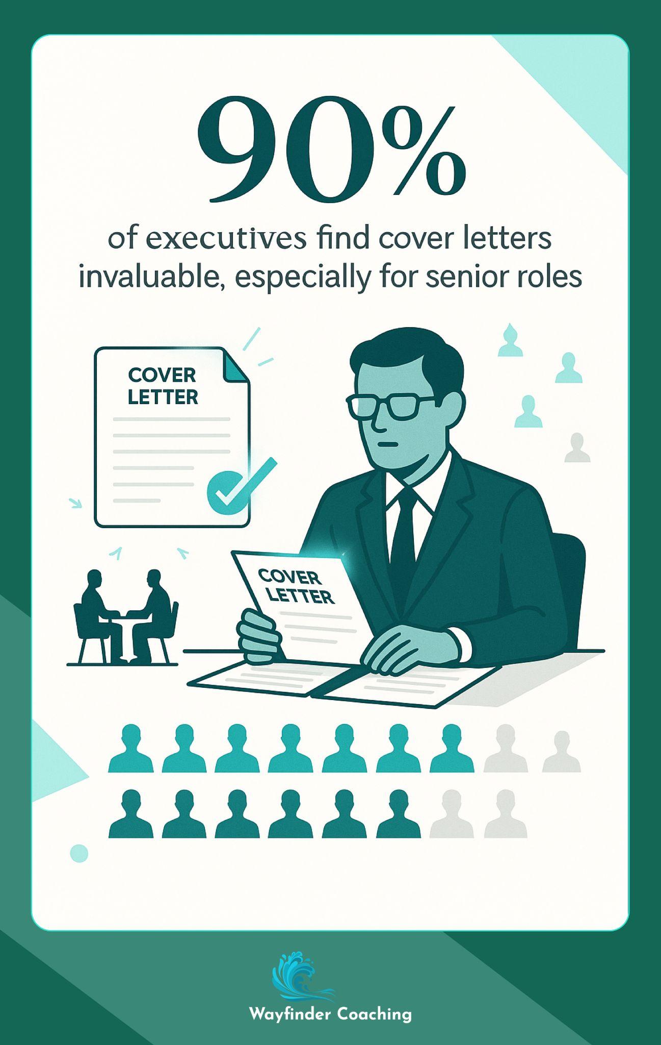 "90% of executives value cover letters, visualized with business figures and documents.