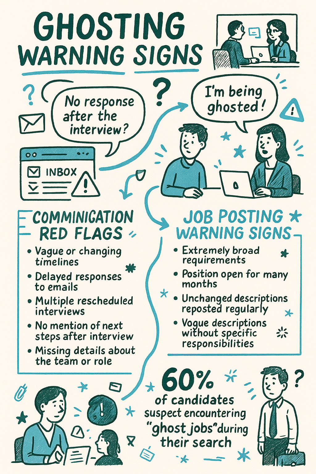 A hand-drawn style infographic on cream background titled "GHOSTING WARNING SIGNS" with illustrated job seekers and speech bubbles. The content is divided into two main sections: "COMMUNICATION RED FLAGS" (listing five warning signs including vague timelines, delayed responses, rescheduled interviews, no next steps, and missing details) and "JOB POSTING WARNING SIGNS" (listing four indicators of potential "ghost jobs" including broad requirements, positions open for months, unchanged descriptions, and vague responsibilities). A statistic at the bottom states "60% of candidates suspect encountering 'ghost jobs' during their search." Various illustrated figures and email icons appear throughout the design.