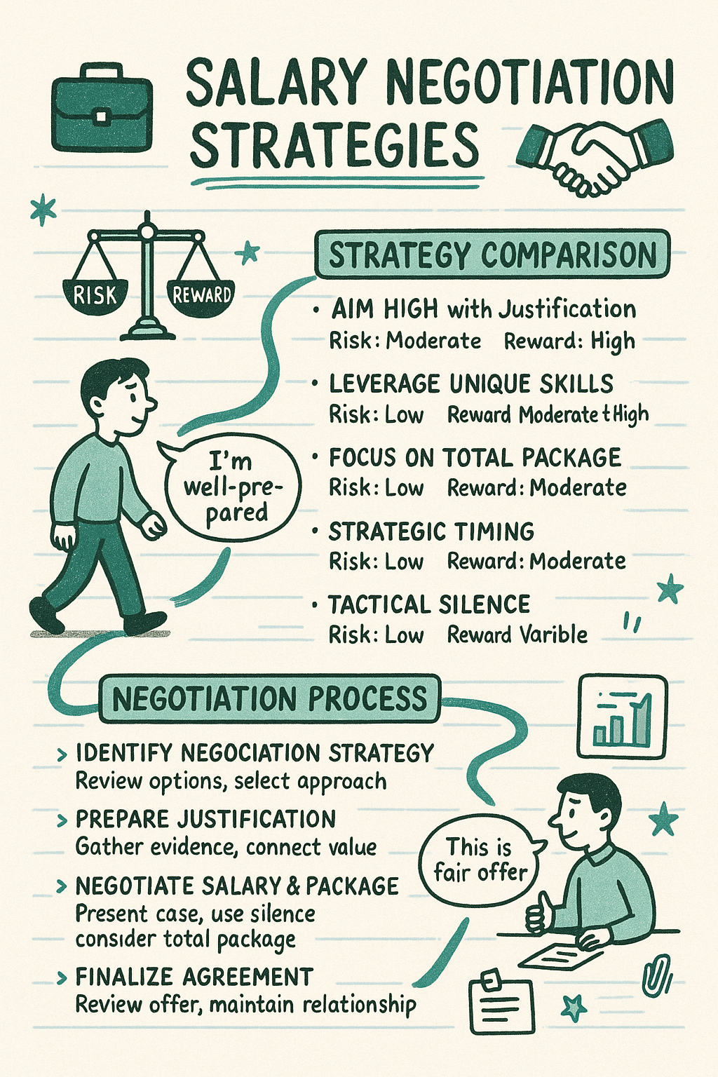 A hand-drawn style infographic titled 'Salary Negotiation Strategies' on lined paper with teal and dark green illustrations. The top shows a briefcase and handshake icons. The content is divided into two main sections: a 'Strategy Comparison' listing five approaches (Aim High with Justification, Leverage Unique Skills, Focus on Total Package, Strategic Timing, and Tactical Silence) with their associated risk and reward levels; and a 'Negotiation Process' outlining four steps (Identify Negotiation Strategy, Prepare Justification, Negotiate Salary & Package, and Finalize Agreement). Cartoon figures with speech bubbles saying 'I'm well-prepared' and 'This is fair offer' illustrate the process. Small star decorations appear throughout the design.