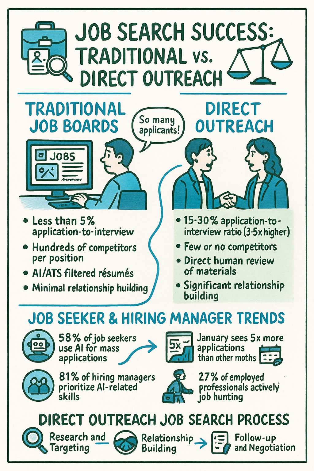 A hand-drawn style infographic with cream background titled "JOB SEARCH SUCCESS: TRADITIONAL VS. DIRECT OUTREACH." The image compares traditional job boards (left side) with direct outreach methods (right side). Traditional job boards show less than 5% application-to-interview ratio, hundreds of competitors, AI-filtered résumés, and minimal relationship building. Direct outreach shows 15-30% application-to-interview ratio, few competitors, direct human review, and significant relationship building. The bottom section includes statistics like "58% of job seekers use AI for mass applications" and "81% of hiring managers prioritize AI-related skills," plus a simple direct outreach process flow. The comparison is illustrated with cartoon figures and icons throughout.
