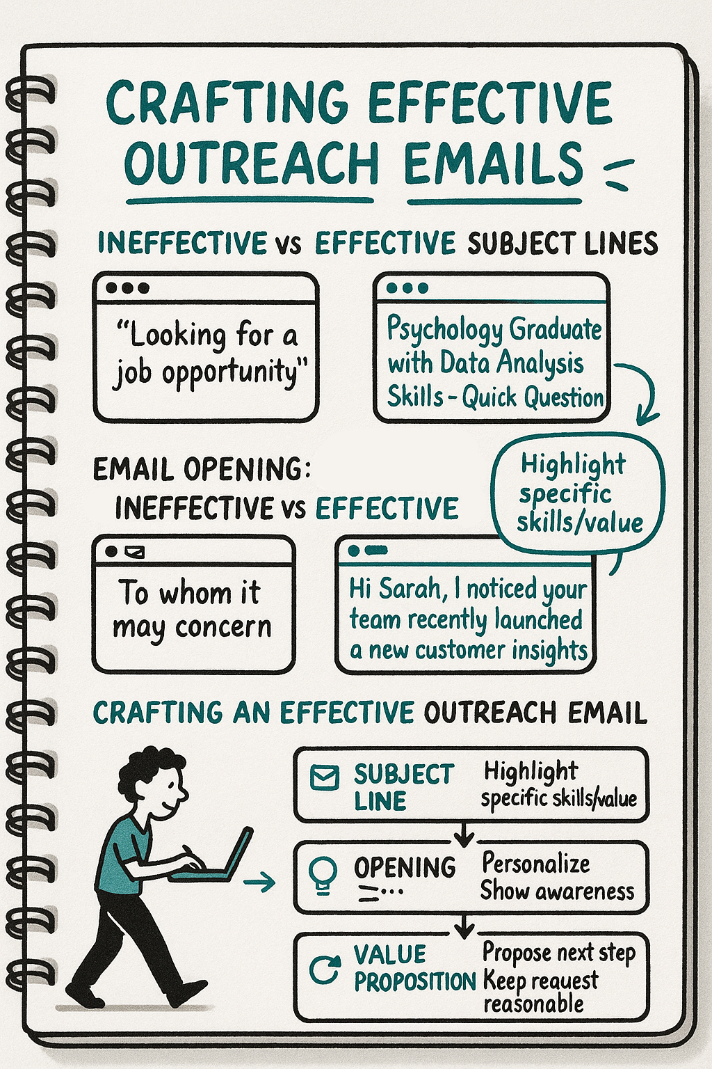A notebook-style illustration titled 'Crafting Effective Outreach Emails' showing a comparison between ineffective and effective email elements. The top section compares subject lines: ineffective ('Looking for a job opportunity') versus effective ('Psychology Graduate with Data Analysis Skills - Quick Question'). The middle section shows email openings: ineffective ('To whom it may concern') versus effective ('Hi Sarah, I noticed your team recently launched a new customer insights platform'). The bottom section features a flowchart for crafting an effective outreach email with three key components: Subject Line (highlight specific skills/value), Opening (personalize, show awareness), and Value Proposition (propose next step, keep request reasonable). A cartoon figure typing on a laptop illustrates the process.