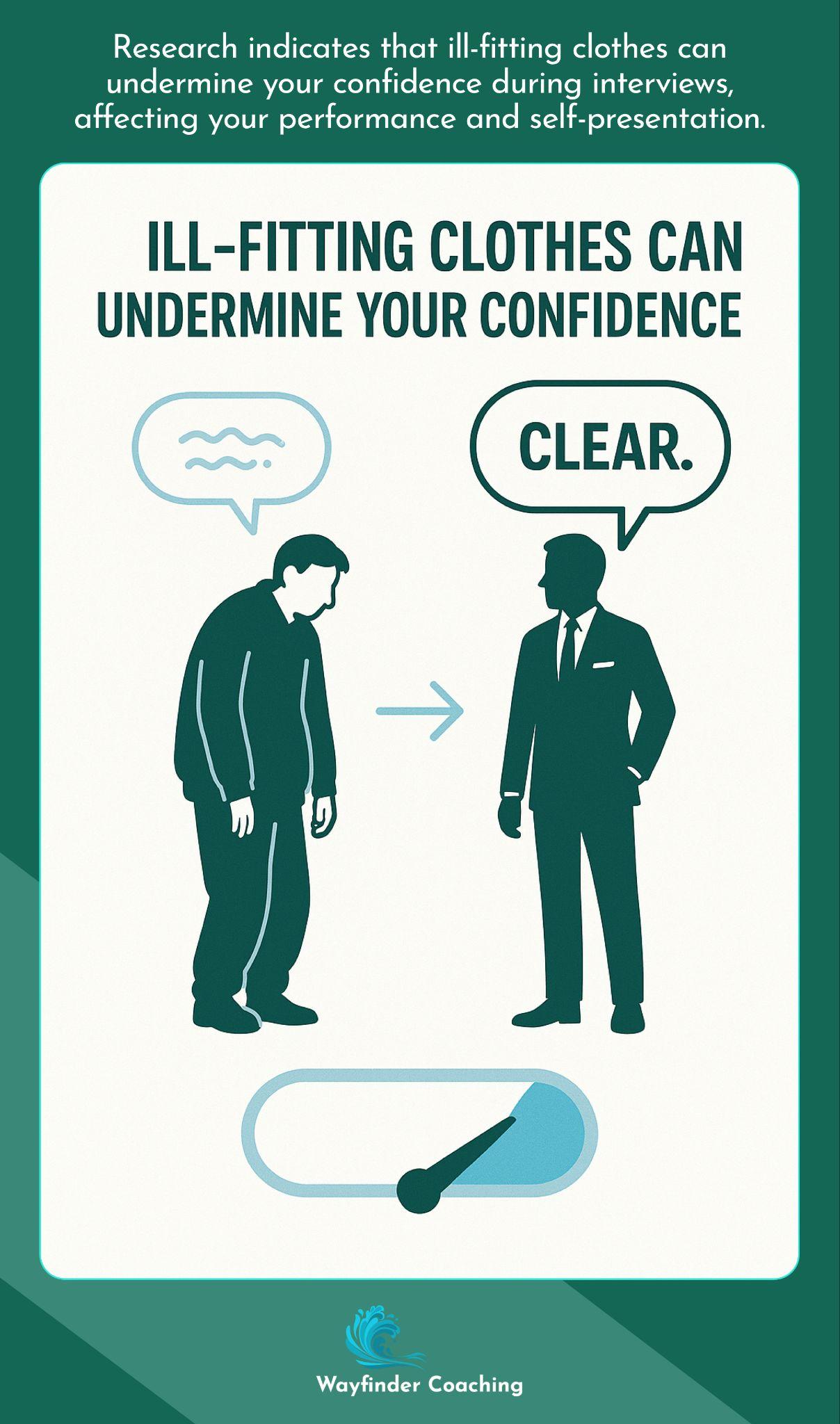 Comparison of person in ill-fitting versus well-fitted interview attire showing confidence difference.
