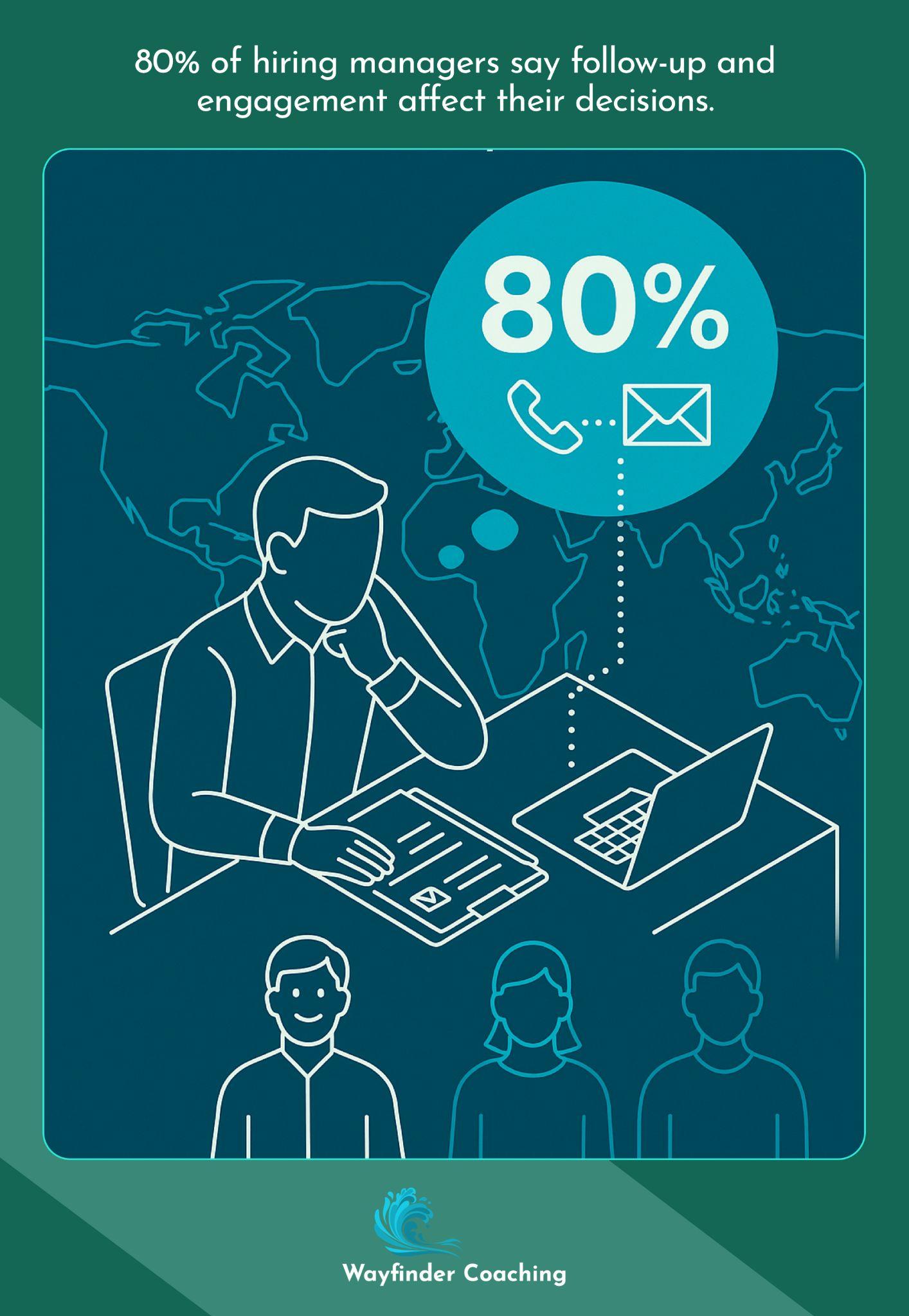 Hiring manager considering follow-ups, with 80% statistic highlighting impact on decisions.
