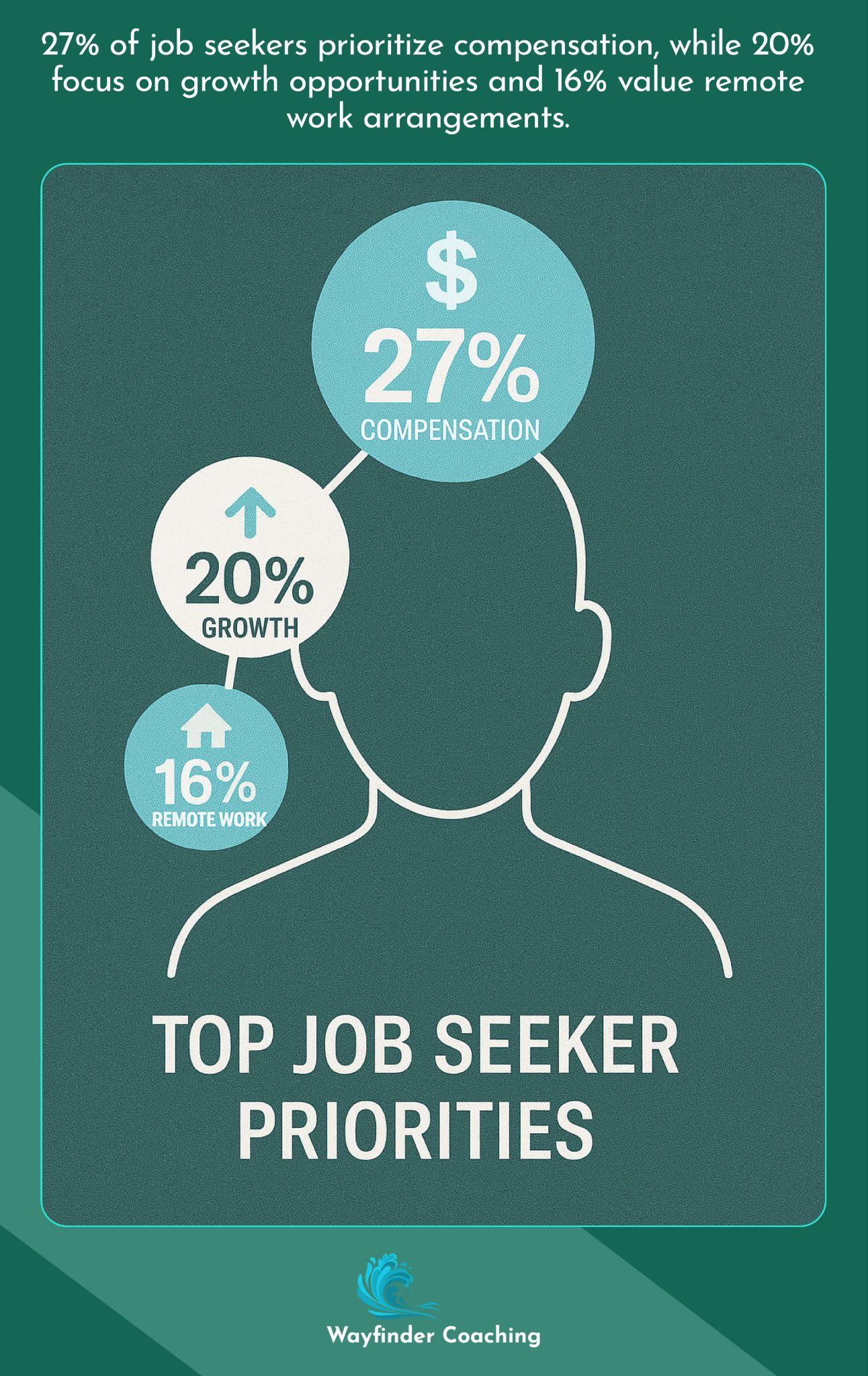 Job seeker priorities visualization: 27% value compensation, 20% growth, and 16% remote work