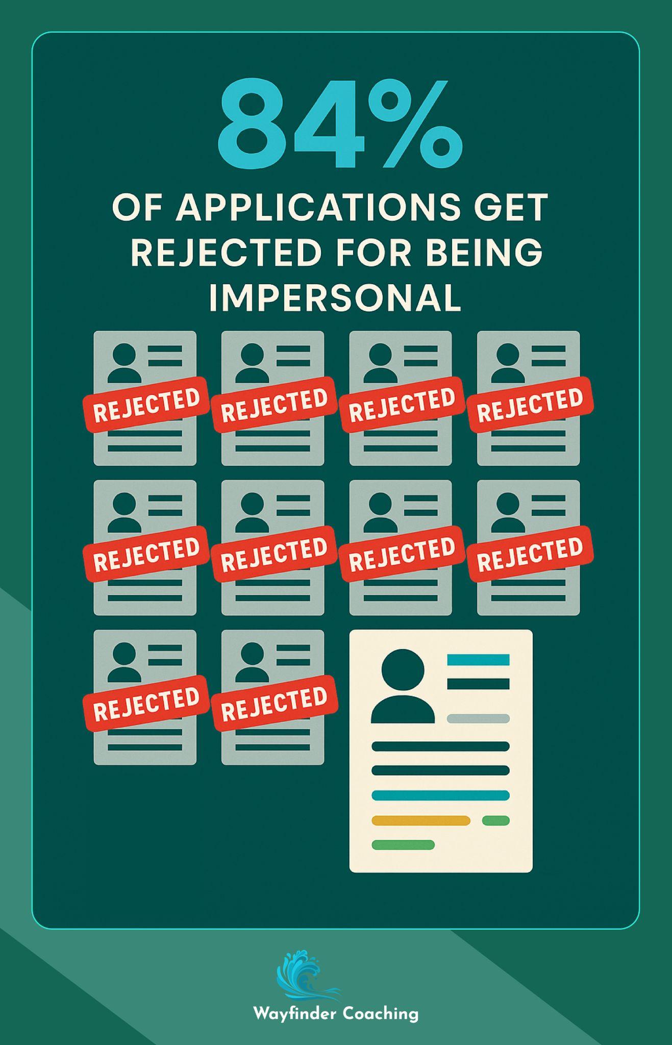 Visual showing 84% of generic applications stamped rejected, with one personalized application standing out.