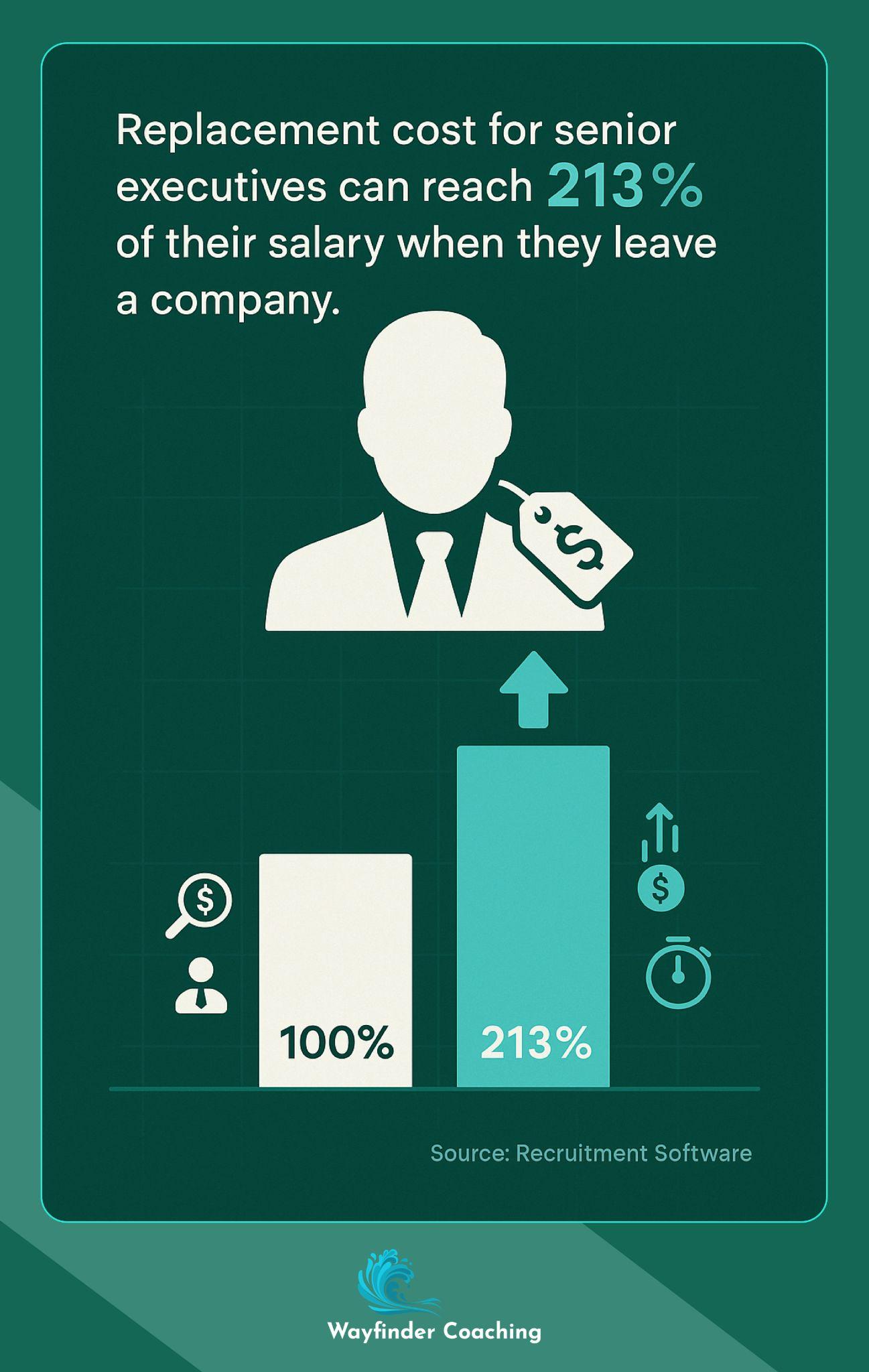 Comparison chart showing 213% replacement cost for senior executives versus base salary.