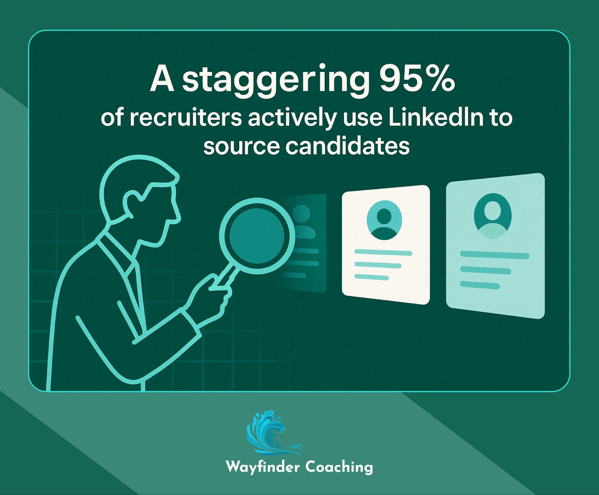 Illustration showing 95% of recruiters use LinkedIn, depicted as a figure searching through profile cards.