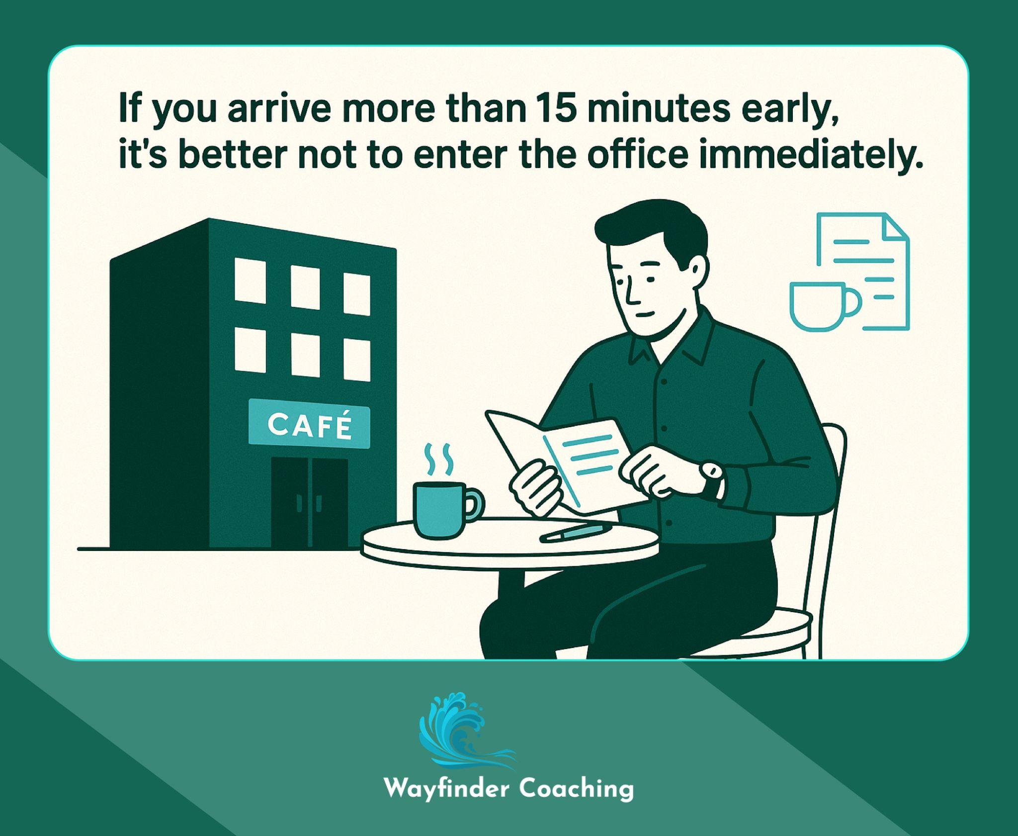 Professional waiting in café when too early for interview, reviewing notes productively.