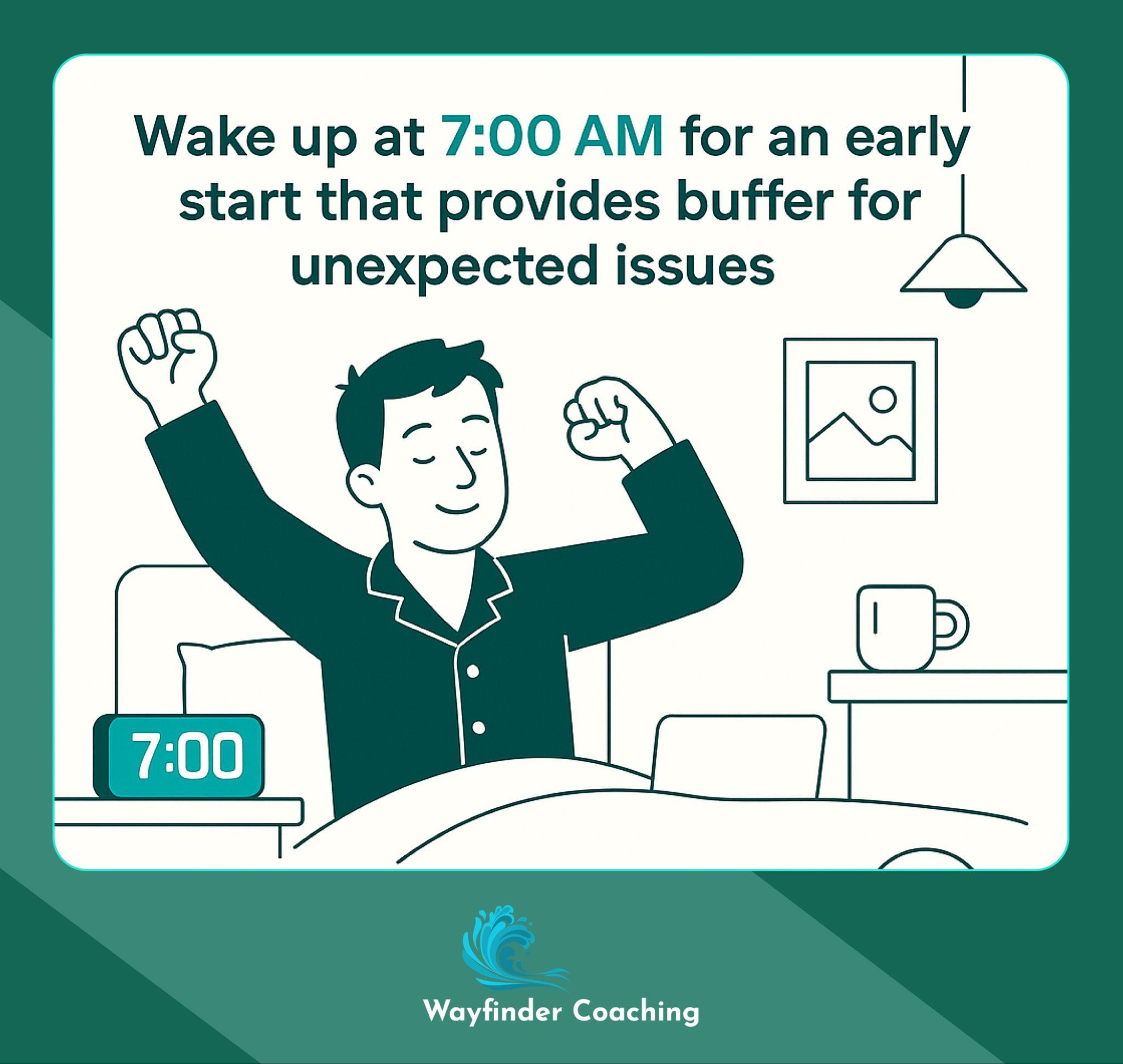 Professional waking at 7:00 AM with timeline showing buffer for unexpected morning delays.
