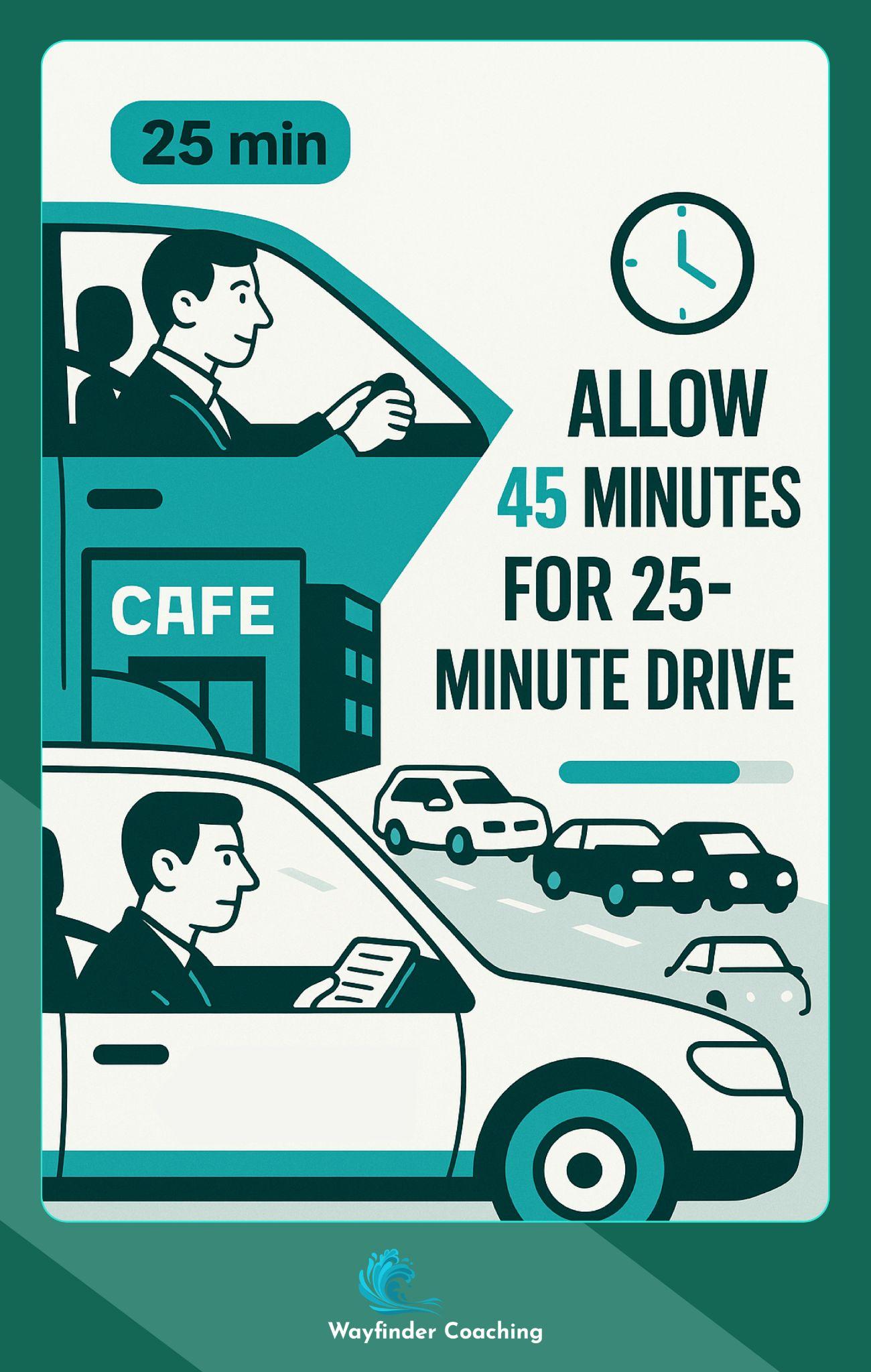 Split-screen showing driver allowing 45 minutes for 25-minute commute to interview