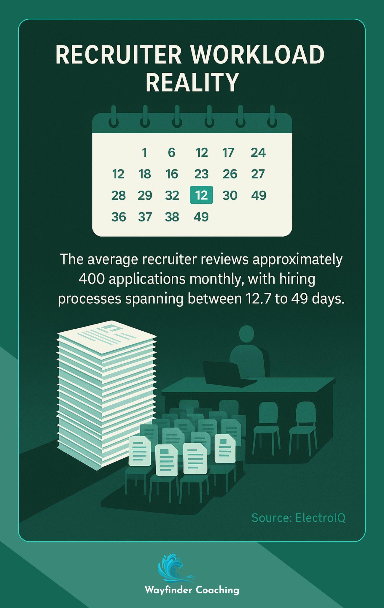 Visual showing 400 monthly applications and 12.7-49 day hiring timeline."