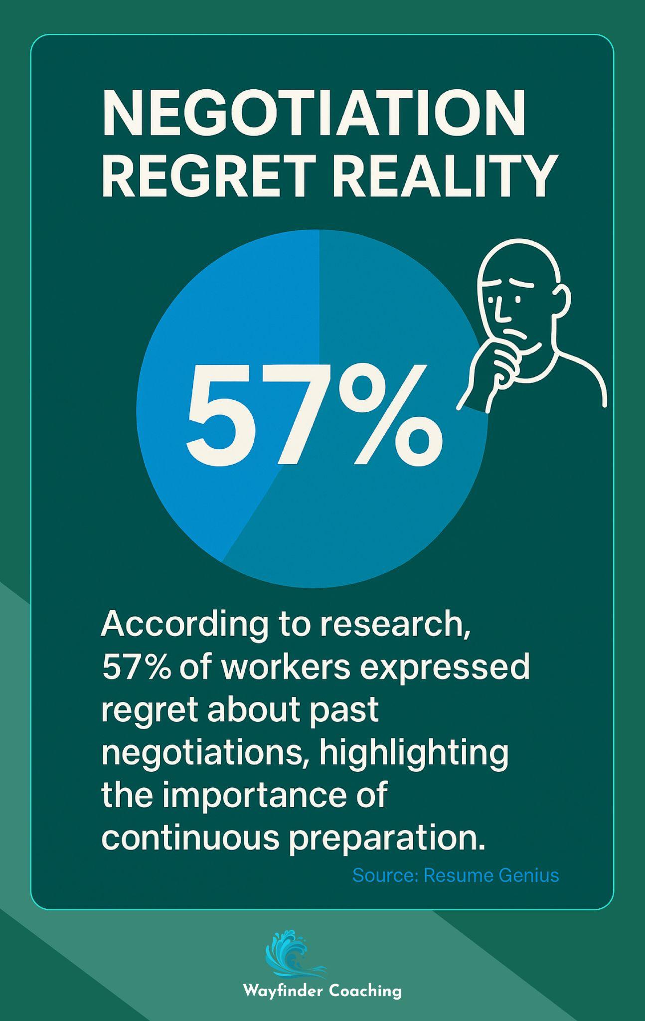 Pie chart showing 57% of workers regret their past salary negotiations, emphasizing preparation importance