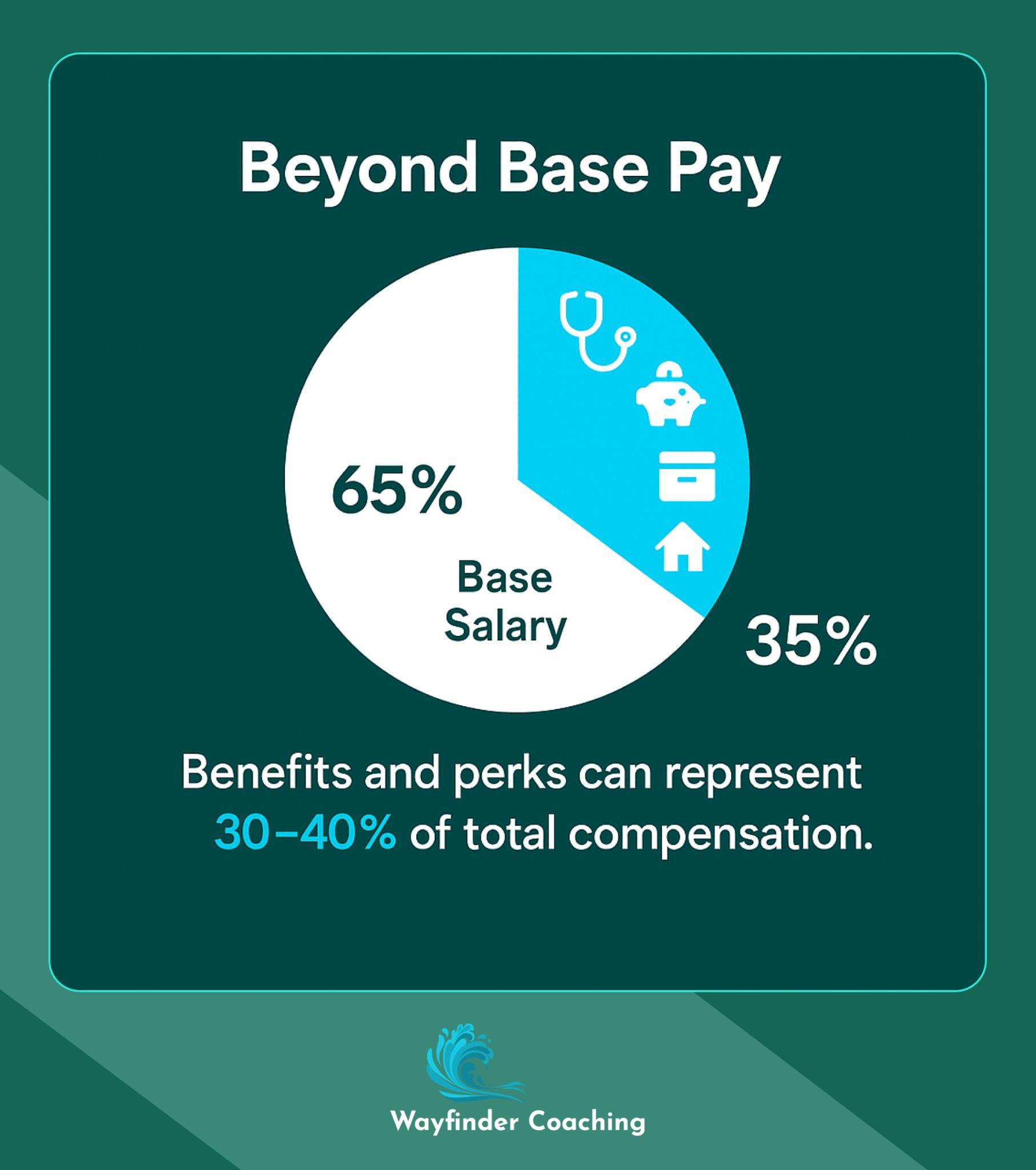 Pie chart showing benefits and perks constitute 30-40% of total compensation beyond base salary.