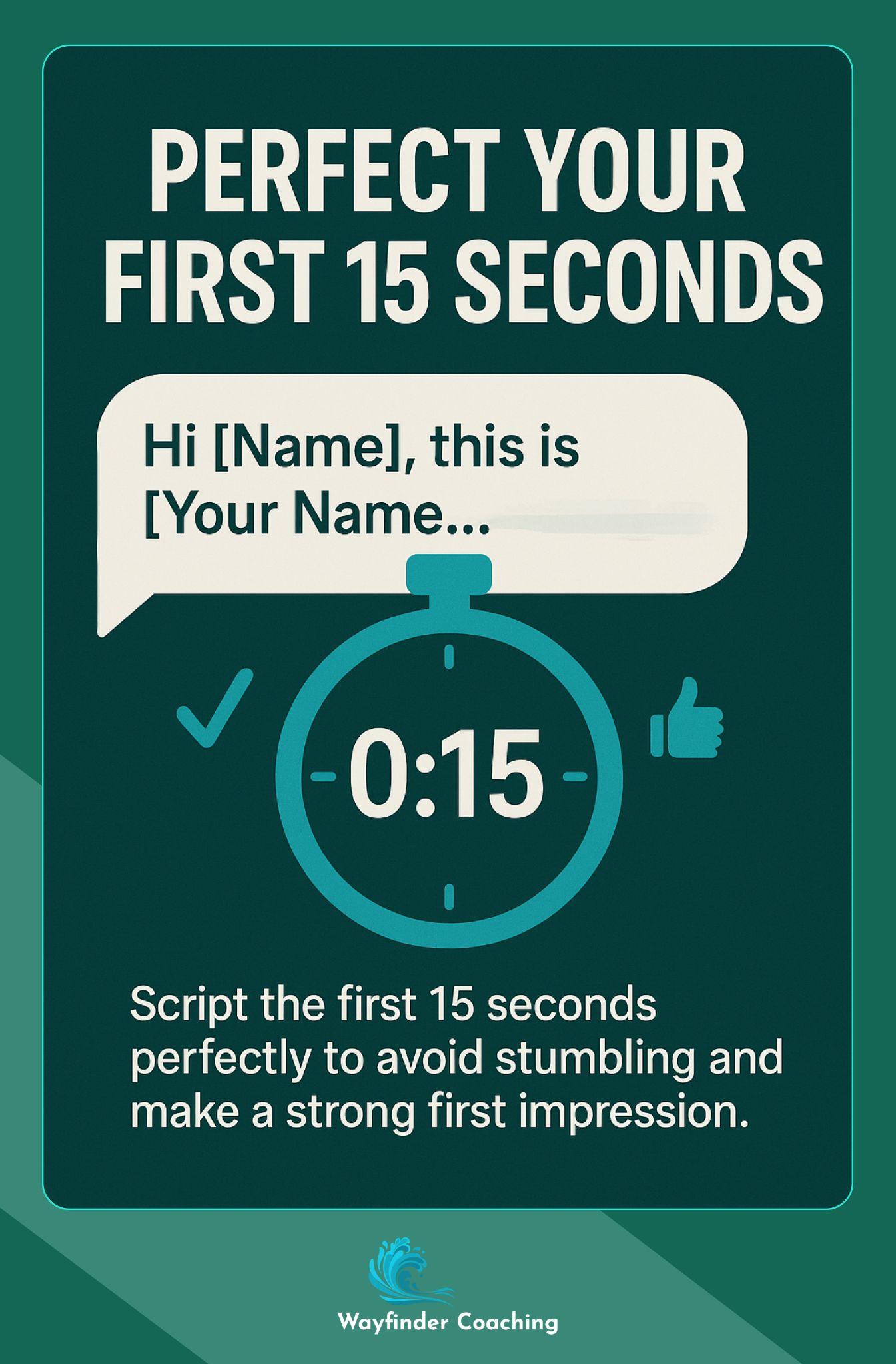 Stopwatch showing 15 seconds with script prompt for cold call opening