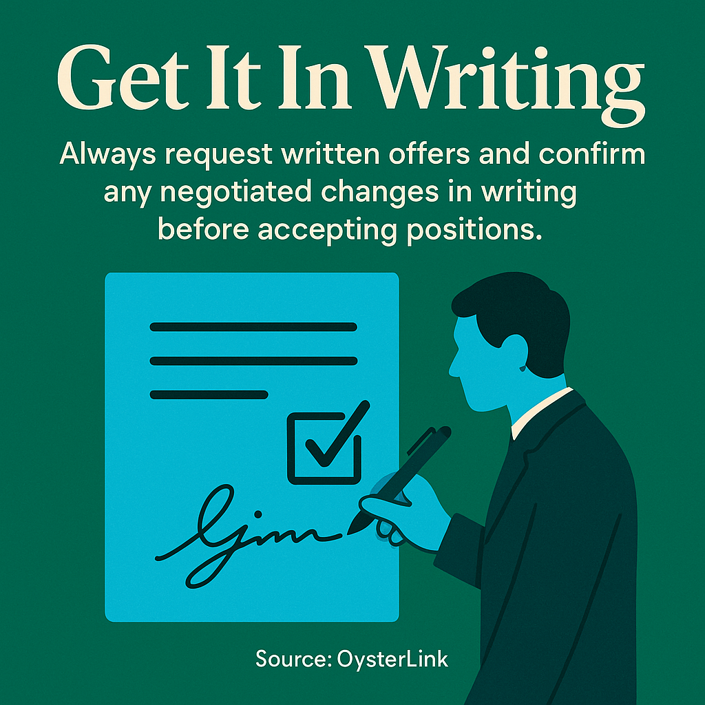 Always request written offers and confirm any negotiated changes in writing before accepting positions
