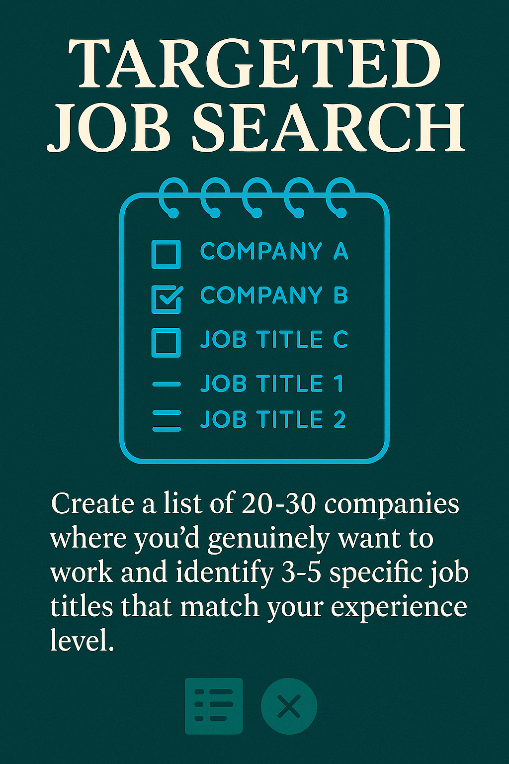 Create a list of 20-30 companies where you'd genuinely want to work and identify 3-5 specific job titles that match your experience level
