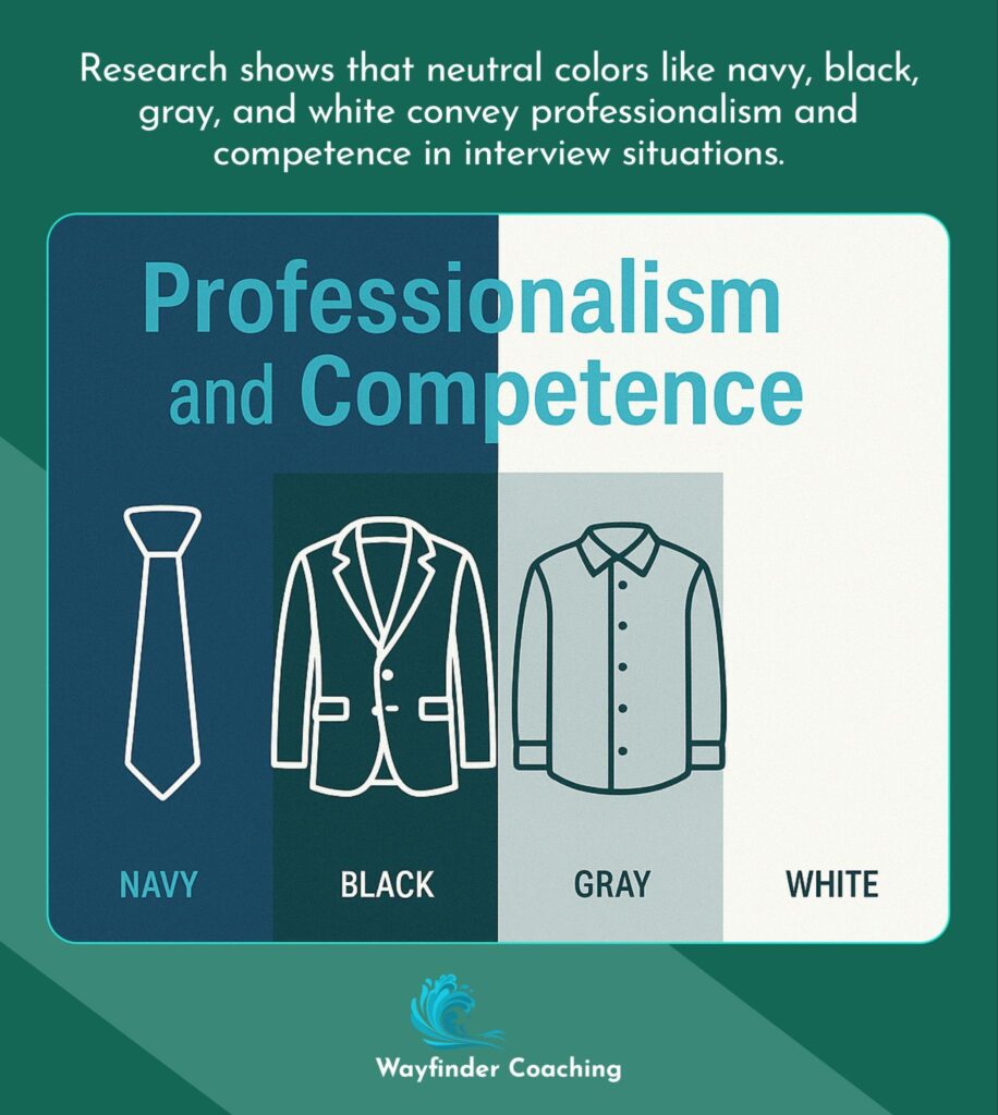 Four neutral color blocks showing professional clothing items conveying competence in interviews.