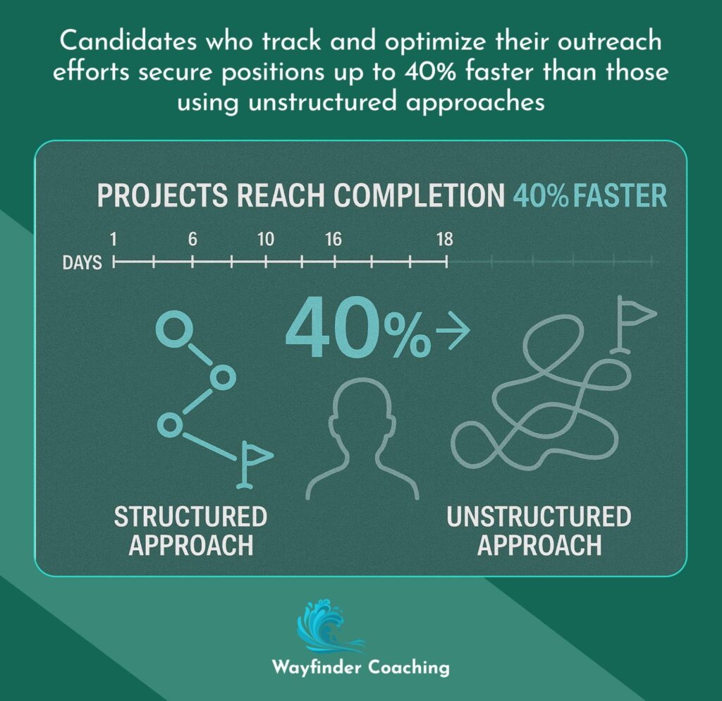 Split-screen showing structured job search approach yielding 40% faster results than unstructured methods.