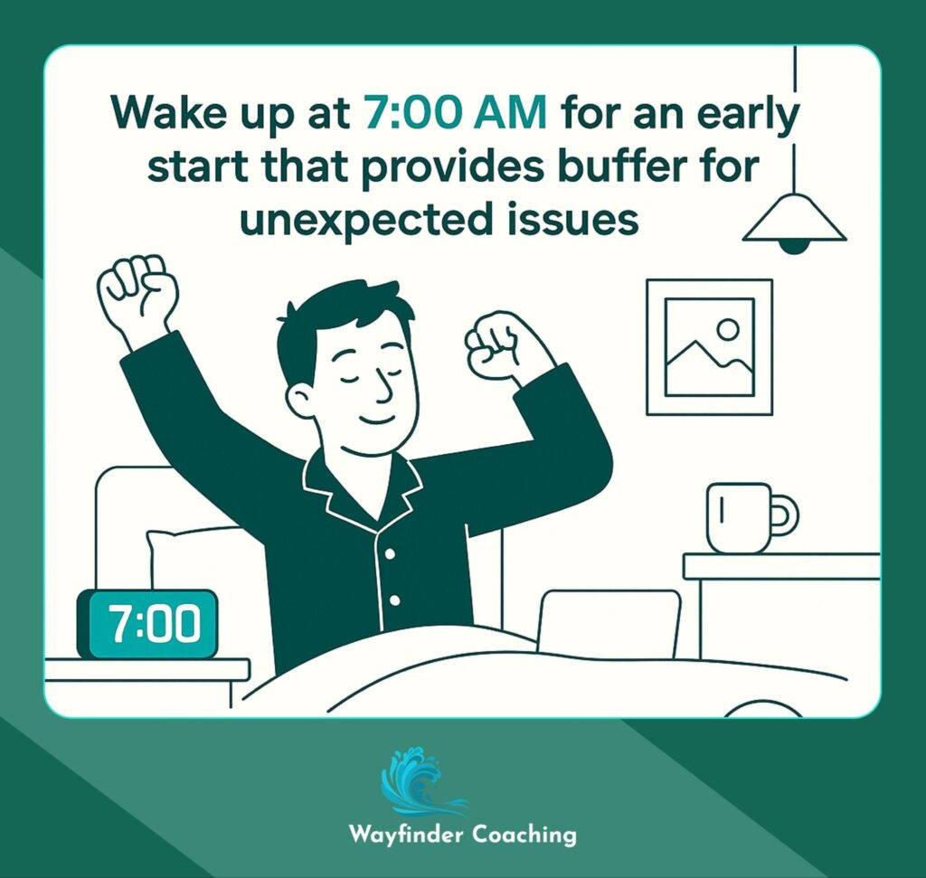 Professional waking at 7:00 AM with timeline showing buffer for unexpected morning delays.