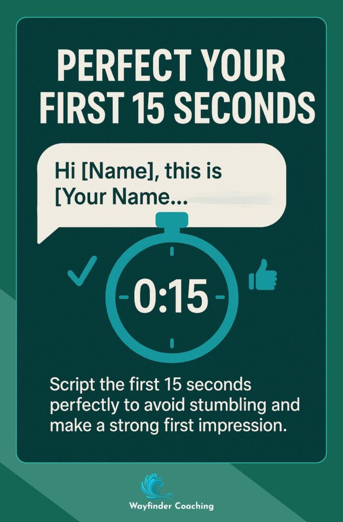 Stopwatch showing 15 seconds with script prompt for cold call opening