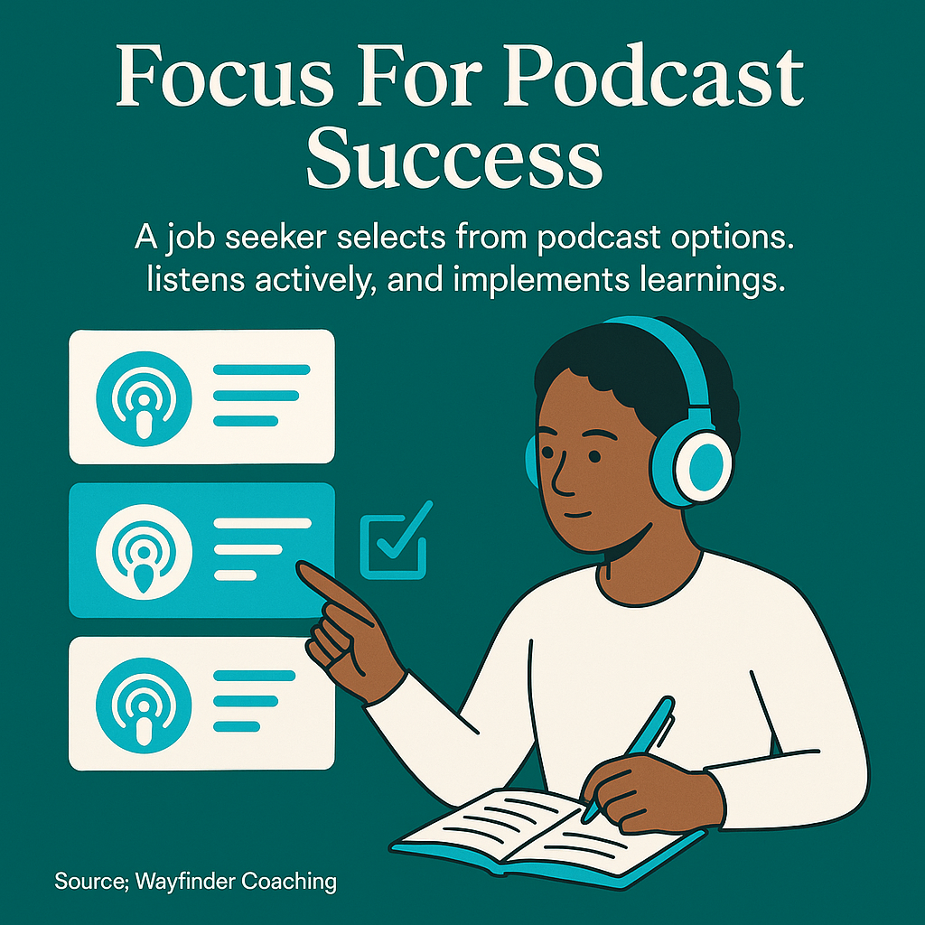 Choose 2-3 shows that align with your goals, listen actively with a notebook, and commit to implementing at least one strategy per episode